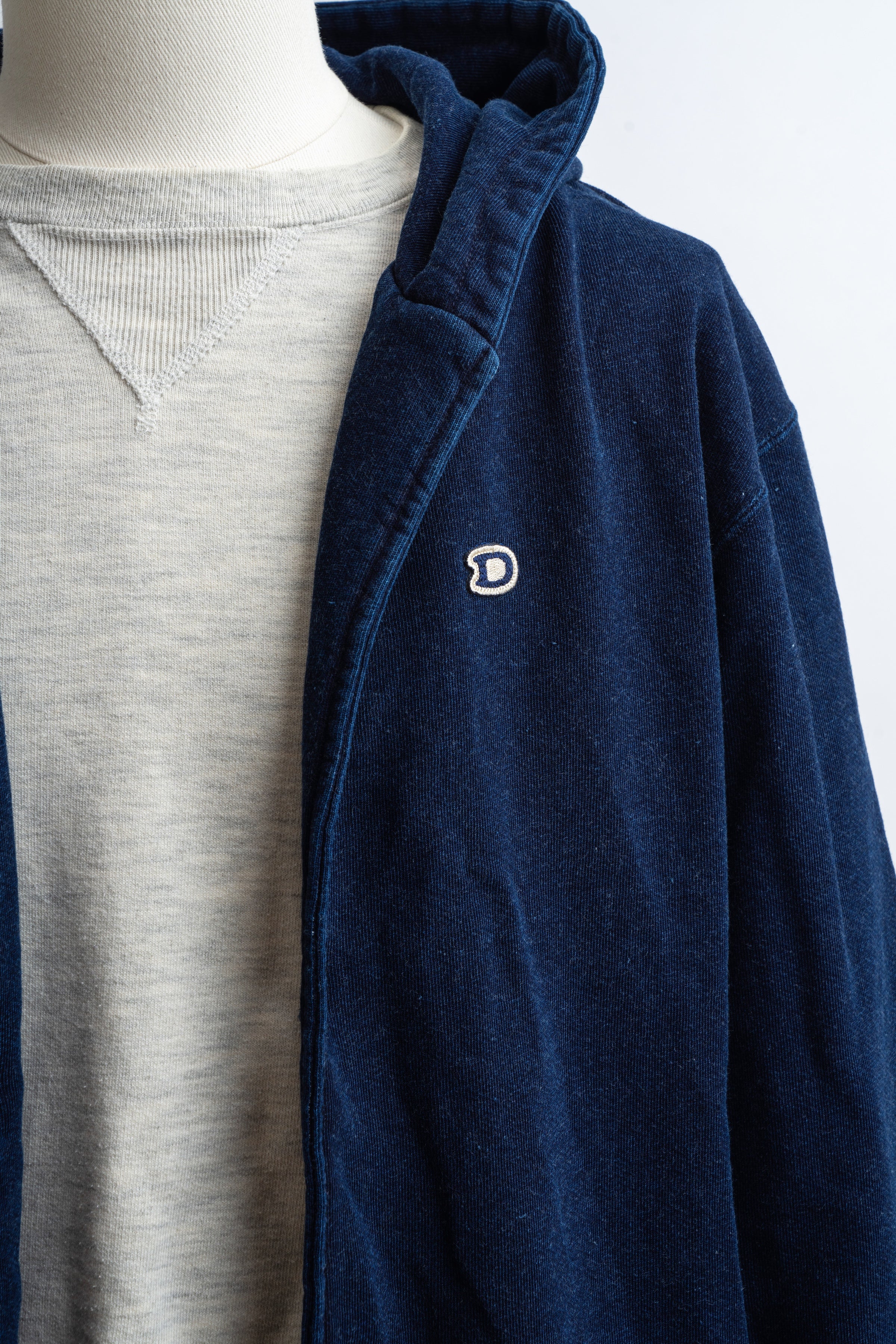 KNIT DENIM LONG HOODIE w/Dino Small Patch - Indigo