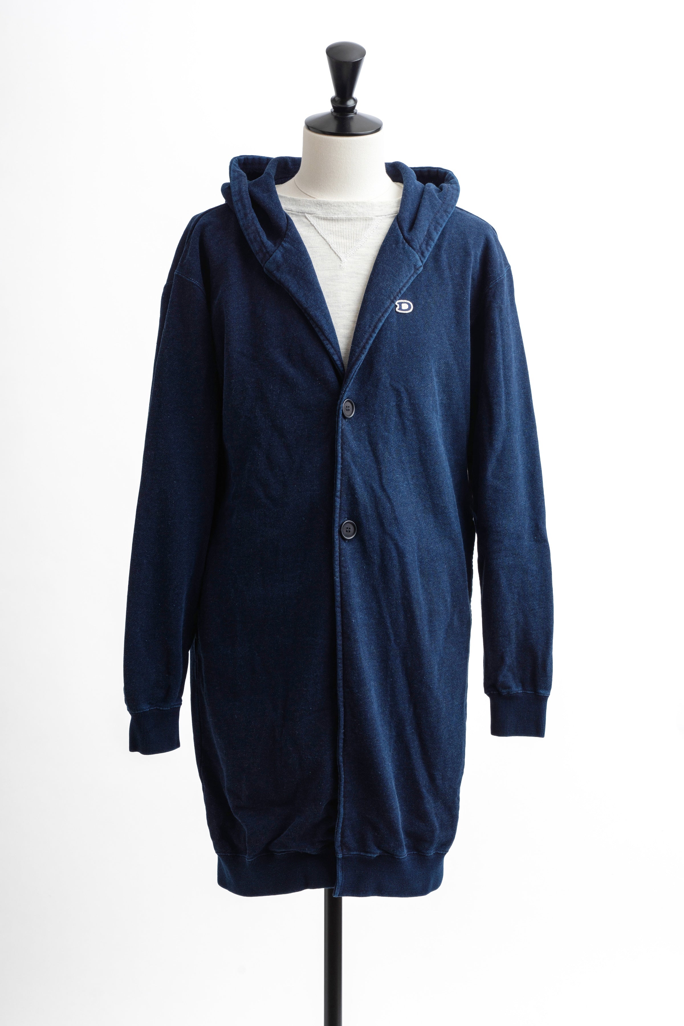 KNIT DENIM LONG HOODIE w/Dino Small Patch - Indigo